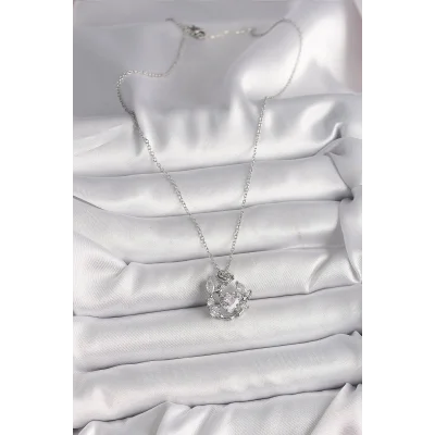 BUĞZ 316L Çelik Gümüş Renk Zincir Zirkon Taşlı Kalp Figür Gül Detay Kadın Kolye - BUĞZ