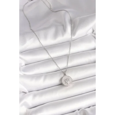 BUĞZ 316L Çelik Gümüş Renk Zincir Zirkon Taşlı Kalp İşlemeli Madalyon Model Kadın Kolye - Lisinya
