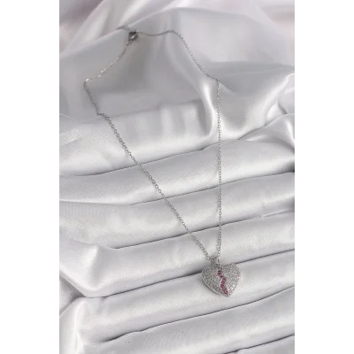 BUĞZ 316L Çelik Gümüş Renk Zincir Zirkon Taşlı Kalp Model Kadın Kolye - Lisinya