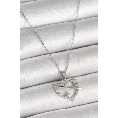BUĞZ 316L Çelik Gümüş Renk Zincir Zirkon Taşlı Kalp Model Yıldız Detay Kadın Kolye