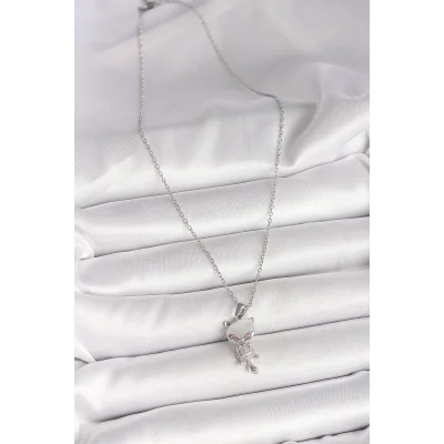 BUĞZ 316L Çelik Gümüş Renk Zincir Zirkon Taşlı Kedi Model Kadın Kolye - Lisinya