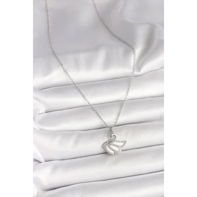 BUĞZ 316L Çelik Gümüş Renk Zincir Zirkon Taşlı Kuğu Model Kadın Kolye - Lisinya