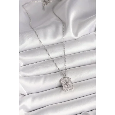 BUĞZ 316L Çelik Gümüş Renk Zincir Zirkon Taşlı Kutup Yıldız İşlemeli Madalyon Model Kadın Kolye - Lisinya