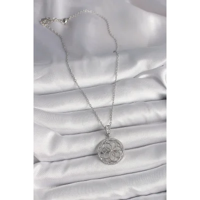 BUĞZ 316L Çelik Gümüş Renk Zincir Zirkon Taşlı Lotus Model Kadın Kolye - BUĞZ