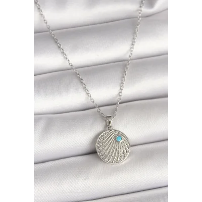 BUĞZ 316L Çelik Gümüş Renk Zincir Zirkon Taşlı Mavi Taş Detaylı Madalyon Model Kadın Kolye