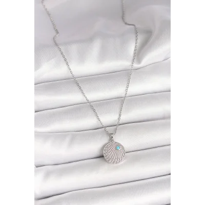 BUĞZ 316L Çelik Gümüş Renk Zincir Zirkon Taşlı Mavi Taş Detaylı Madalyon Model Kadın Kolye - Lisinya