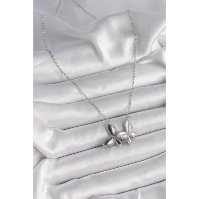 BUĞZ 316L Çelik Gümüş Renk Zincir Zirkon Taşlı Renkli Kelebek Model Kadın Kolye - Lisinya