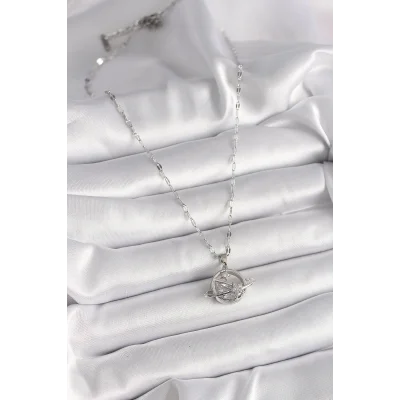 BUĞZ 316L Çelik Gümüş Renk Zincir Zirkon Taşlı Yıldız Detay Gezegen Model Kadın Kolye - Lisinya