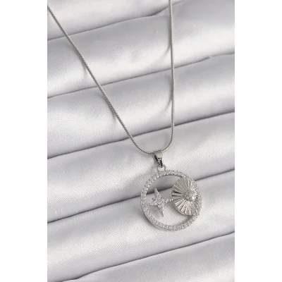 BUĞZ 316L Çelik Gümüş Renk Zincir Zirkon Taşlı Yıldız Madalyon Model Kadın Kolye