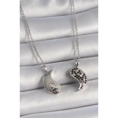 BUĞZ 316L Çelik Gümüş Renk Zincir Zirkon Taşlı Ying Yang Model Gün Batımı İşlemeli Arakdaşlık Kadın Kolye - Lisinya