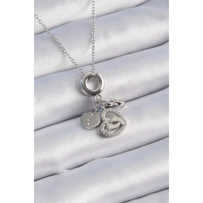 BUĞZ 316L Çelik Gümüş Renk Zirkon Taş Detay Kalp Model Charm Kadın Kolye