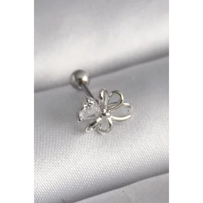 BUĞZ 316L Çelik Gümüş Renk Zirkon Taş Detay Kurdele Model Tragus Piercing