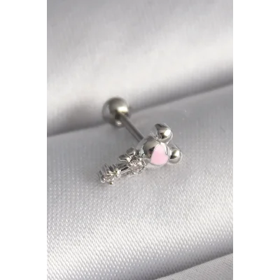 BUĞZ 316L Çelik Gümüş Renk Zirkon Taş Detay Pembe Kalp İşleme Tragus Piercing