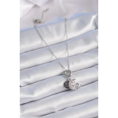 BUĞZ 316L Çelik Gümüş Renk Zirkon Taşlı Ay Yıldız  Figür Charm Model Kadın Kolye - Lisinya