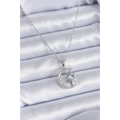 BUĞZ 316L Çelik Gümüş Renk Zirkon Taşlı Ay Yıldız Model Kadın Kolye