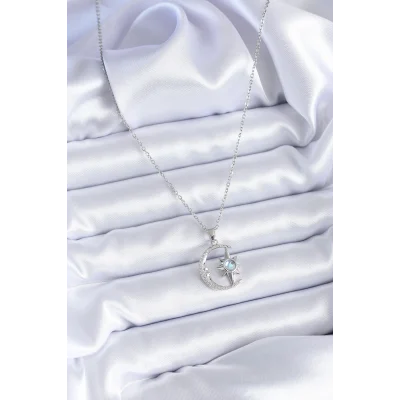 BUĞZ 316L Çelik Gümüş Renk Zirkon Taşlı Ay Yıldız Model Kadın Kolye - Lisinya