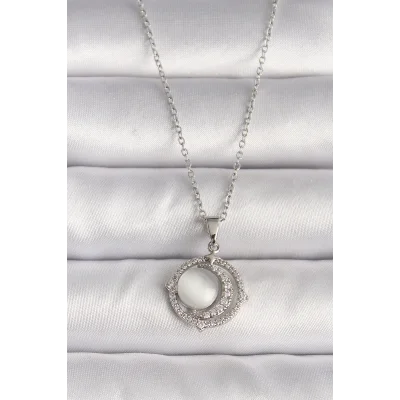 BUĞZ 316L Çelik Gümüş Renk Zirkon Taşlı Beyaz Sedefli Hilal Model Kadın Kolye
