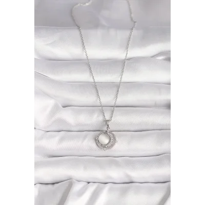 BUĞZ 316L Çelik Gümüş Renk Zirkon Taşlı Beyaz Sedefli Hilal Model Kadın Kolye - BUĞZ