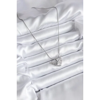 BUĞZ 316L Çelik Gümüş Renk Zirkon Taşlı Boynuz Model Kadın Kolye - Lisinya