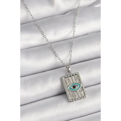 BUĞZ 316L Çelik Gümüş Renk Zirkon Taşlı Göz İşleme Detaylı Plaka Model Kadın Kolye