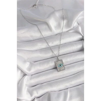 BUĞZ 316L Çelik Gümüş Renk Zirkon Taşlı Göz İşleme Detaylı Plaka Model Kadın Kolye - Lisinya