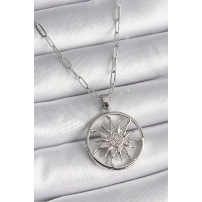 BUĞZ 316L Çelik Gümüş Renk Zirkon Taşlı Güneş Madalyon Model Kadın Kolye