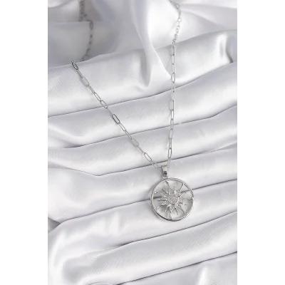 BUĞZ 316L Çelik Gümüş Renk Zirkon Taşlı Güneş Madalyon Model Kadın Kolye - BUĞZ