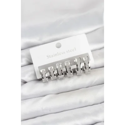 BUĞZ 316L Çelik Gümüş Renk Zirkon Taşlı Halka Küpe Seti