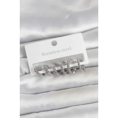 BUĞZ 316L Çelik Gümüş Renk Zirkon Taşlı Halka Model Kadın Küpe Seti