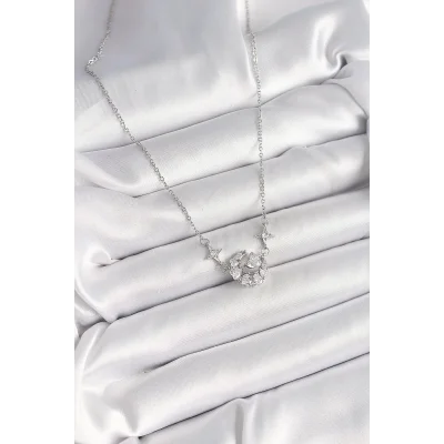 BUĞZ 316L Çelik Gümüş Renk Zirkon Taşlı Hilal Kalp Model Kadın Kolye - Lisinya