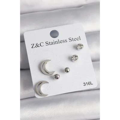 BUĞZ 316L Çelik Gümüş Renk Zirkon Taşlı Hilal Model Kadın Küpe Seti