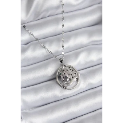 BUĞZ 316L Çelik Gümüş Renk Zirkon Taşlı Jaguar Model Kadın Kolye