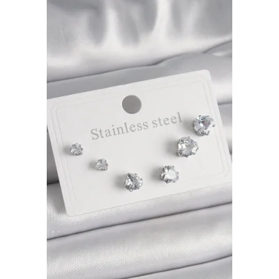 BUĞZ 316L Çelik Gümüş Renk Zirkon Taşlı Kalp Model Kadın Küpe Seti