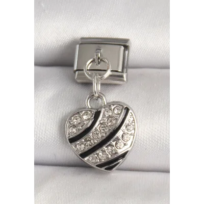 BUĞZ 316L Çelik Gümüş Renk Zirkon Taşlı Kalp Model Nomination Charm