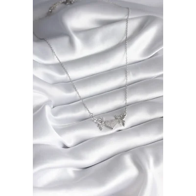 BUĞZ 316L Çelik Gümüş Renk Zirkon Taşlı Kanat Kalp Model Kadın Kolye - Lisinya