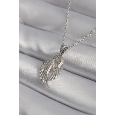 BUĞZ 316L Çelik Gümüş Renk Zirkon Taşlı Kanat Model Kadın Kolye