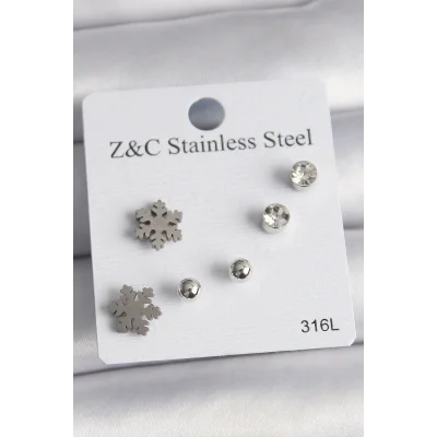 BUĞZ 316L Çelik Gümüş Renk Zirkon Taşlı Kar Tanesi Model Kadın Küpe Seti