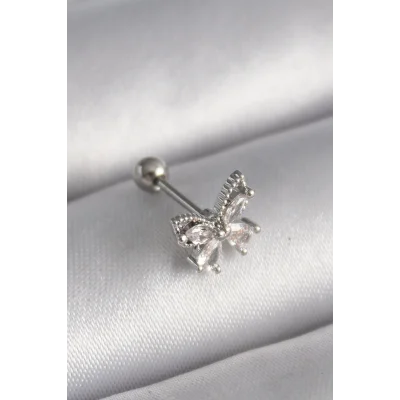 BUĞZ 316L Çelik Gümüş Renk Zirkon Taşlı Kelebek Tragus Piercing