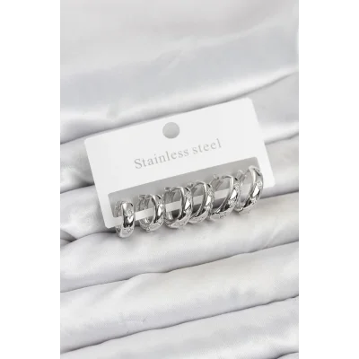 BUĞZ 316L Çelik Gümüş Renk Zirkon Taşlı Kutup Yıldızı Model Halka Küpe Seti