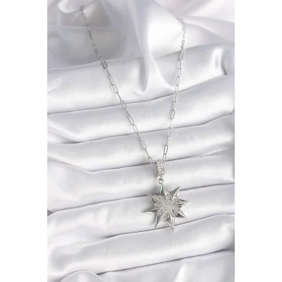 BUĞZ 316L Çelik Gümüş Renk Zirkon Taşlı Kutup Yıldızı Model Kadın Kolye - BUĞZ