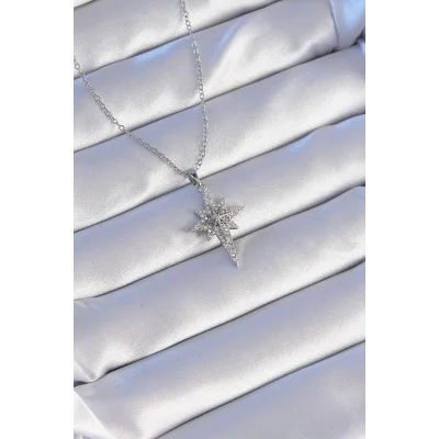 BUĞZ 316L Çelik Gümüş Renk Zirkon Taşlı Kutup Yıldızı Model Kolye