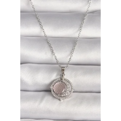 BUĞZ 316L Çelik Gümüş Renk Zirkon Taşlı Pembe Sedefli Hilal Model Kadın Kolye