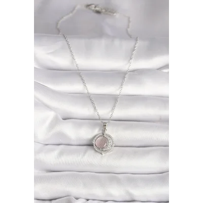 BUĞZ 316L Çelik Gümüş Renk Zirkon Taşlı Pembe Sedefli Hilal Model Kadın Kolye - BUĞZ