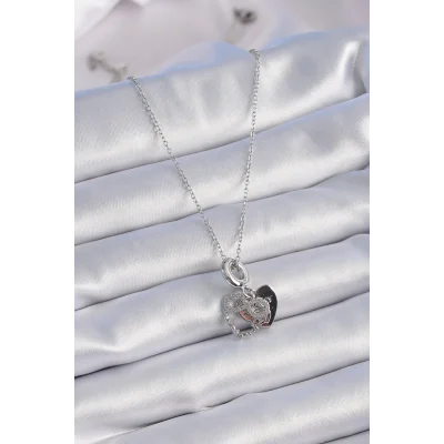 BUĞZ 316L Çelik Gümüş Renk Zirkon Taşlı Sonsuzluk Kalp Figür Charm Model Kadın Kolye - Lisinya