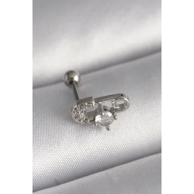 BUĞZ 316L Çelik Gümüş Renk Zirkon Taşlı Toplu İğne Tragus Piercing