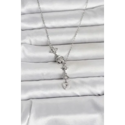 BUĞZ 316L Çelik Gümüş Renk Zirkon Taşlı Y Kadın Kolye