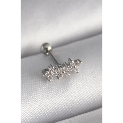 BUĞZ 316L Çelik Gümüş Renk Zirkon Taşlı Yonca Tragus Piercing