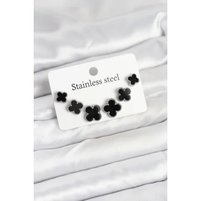 BUĞZ 316L Çelik Gümüş Siyah Renk 3 Boy Yonca Küpe Seti