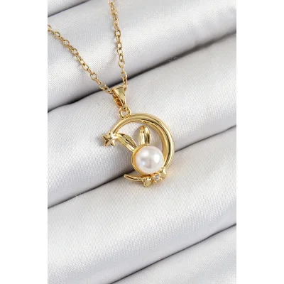 BUĞZ 316L Çelik İnci Detaylı Hilal Tavşan Model Gold Renk Kadın Kolye