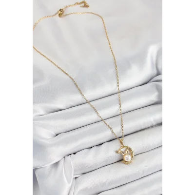 BUĞZ 316L Çelik İnci Detaylı Hilal Tavşan Model Gold Renk Kadın Kolye - Lisinya